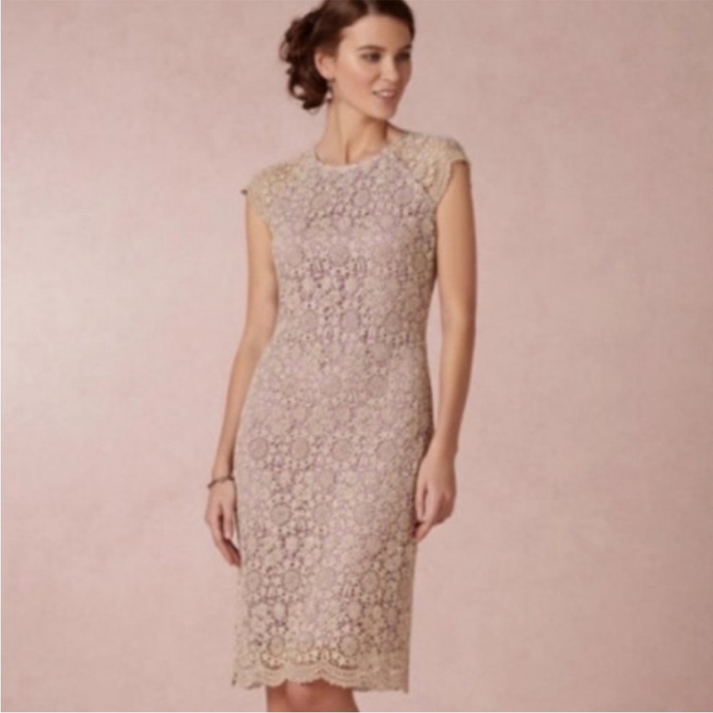 MIGNON DOO Anthropologie Lace Overlay Sheath Dress | Light Purple & Gold, Size 6